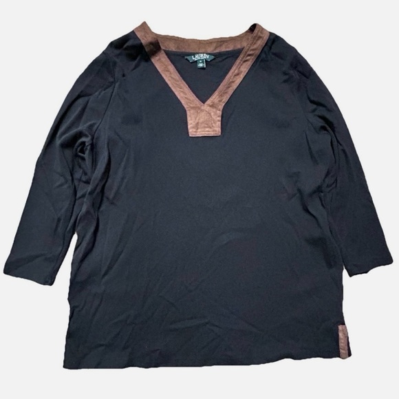 Ralph Lauren Tops - Women’s Lauren Ralph Lauren Black 3/4 Sleeve Shirt Brown Suede Neckline Size 1X